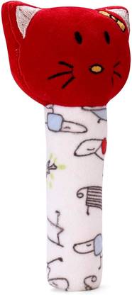 Pikipo Kitty Face Rattle Soft Toy with Squeeze Handle for Squeaky Sound (Red)  - 9 cm
