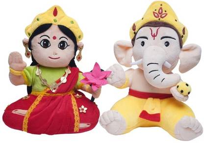 Panda's Box Mantra Chanting Musical Baby Ganesha& Devi Lakshmi Plush Toys Combo Set  - 20 cm