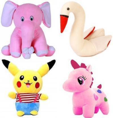 MPR ENTERPRISES Soft Lovable Swan, Multi colour Pikachu, Sitting Elephant And Unicorn  - 28 cm