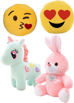 R C TRADERS Kissing Emoji, Heart Eyes Emoji, Unicorn, Bunny Super Soft Plush Toys Combo  - 28 cm