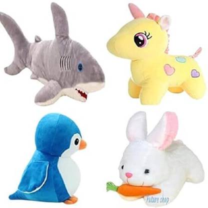 R k Lovely Soft Toys Combo Unicorn, Shark, White Rabbit with Carrot, and Penguin  - 30 cm