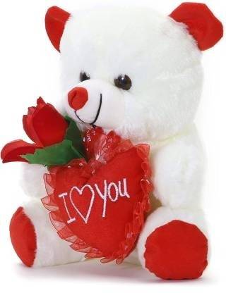 sai ji White Teddy bear with Heart and Rose soft toy big size teddy bear  - 35 cm
