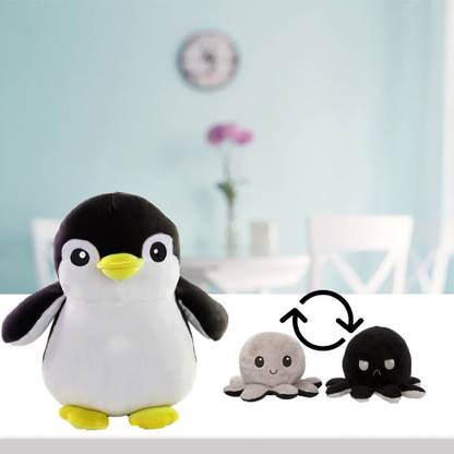 Toyingly cute black penguin and black grey reversible octopus soft stuffed toy  - 50 cm