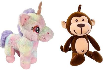 AVSHUB Standing Rainbow Unicorn and Choco Hanging Monkey Soft Animal Toy  - 40 cm