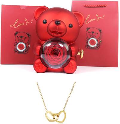 Dwiti Enterprise Teddy Bear Ring Box,Rotating Rose Necklace Teddy Bear,Valentine's Day  - 16 cm