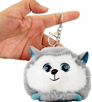 PunToon Kids Fluffy Mini Soft Toy Husky Keychain for kids | Cute Bag Charm Dog Keychains  - 8 cm