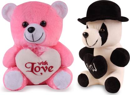 A.K. Soft Toys Pink Teddy And Cap Panda Tennie Good Looking Stuffed Toys Panda - 25 And Teddy - 20 cm