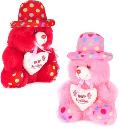 Topgrow Soft Teddy Bear Cap Style with Heart Multicolour Red.Pink Set of 2 (12 inch)  - 12 inch