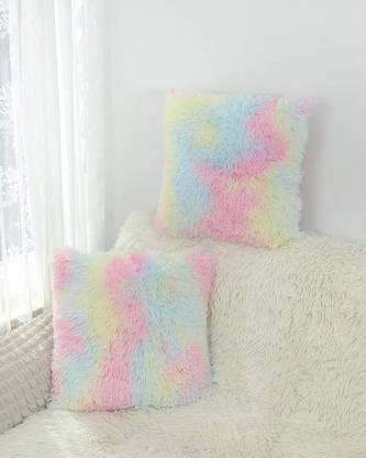 AVS Soft Fluffy Rabbit Fur Rainbow Pillow Cases Covers with Zipper Closure  - 16 inch