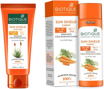 BIOTIQUE Sunscreen - SPF 50 PA+++ Sunscreen - Aloe Vera Lotion 100 ML & Carrot Lotion 190 ML