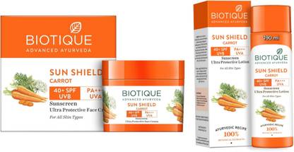 BIOTIQUE Sunscreen - SPF 50 PA+++ Sunscreen - Carrot Face Cream 50g & Carrot Lotion 190 ML