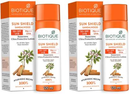 BIOTIQUE Sunscreen - SPF 50 PA+++ Sun Shield Sandalwood Sunscreen Lotion 120 ML (Pack Of 2)