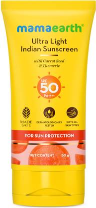 Mamaearth Sunscreen - SPF 50 PA+++ Ultra Light Indian Sunscreen with Carrot Seed & Turmeric|For Broad Spectrum