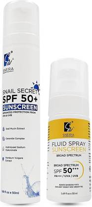 SNEIRA Sunscreen - SPF 50 PA+++ Fluid Spray + Snail Secret SPF 50+ Sunscreen Combo (Pack of 2) Sun Protection