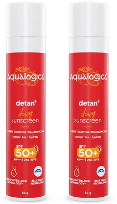 Aqualogica Sunscreen - SPF 50 PA++++ Detan+ Dewy Sunscreen with Cherry Tomato & Hyaluronic Acid (Pack of 2)