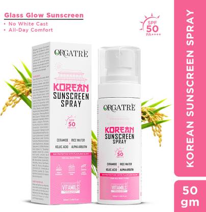 Orgatre Sunscreen - SPF 50 PA++++ Korean Sunscreen Spray –Glowing Glass Skin with Rice Water, Hydrates & Brightens