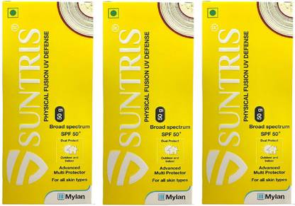 Suntris Sunscreen - SPF 50 PA+++ Physical Fusion UV Defense 50g ( Pack of 3 * 50g )