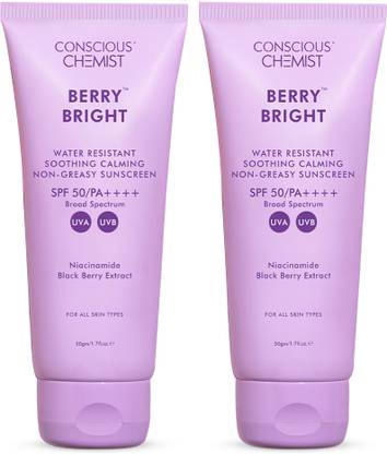 Conscious Chemist Sunscreen - SPF 50 PA++++ Niacinamide Sunscreen SPF 50 PA++++ | Blueberry, Water-Resistant, No White Cast