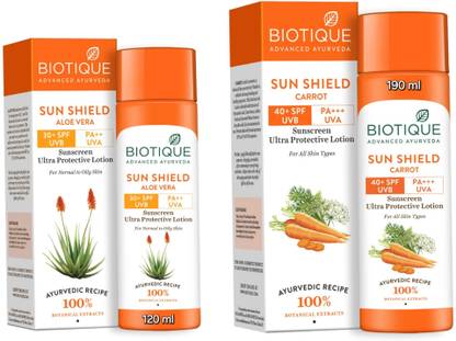 BIOTIQUE Sunscreen - SPF 50 PA+++ Sunscreen - Aloe Vera Lotion 120 ML & Carrot Lotion 190 ML