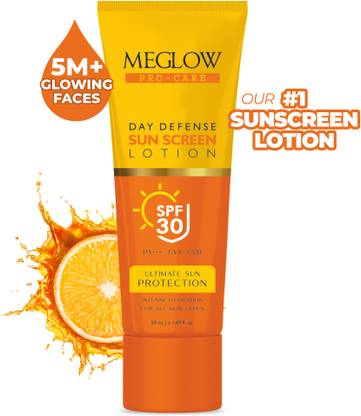 meglow Sunscreen - SPF 30 PA+++ Daily Defence Sunscreen SPF 30 & PA+++ Broad UVA/UVB Protection All Skin Types