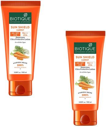 BIOTIQUE Sunscreen - SPF 50 PA+++ Sun Shield Carrot 40 +Spf Sunscreen Lotion 100ml ( Pack Of 2)