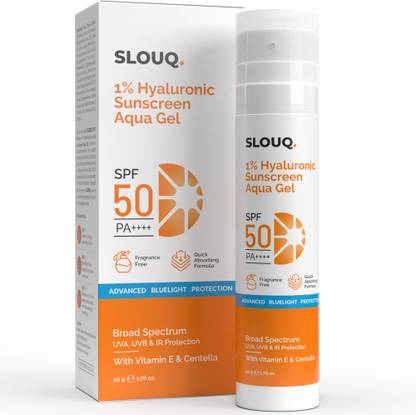 SLOUQ Sunscreen - SPF 50 PA++++ 1% Hyaluronic Sunscreen Aqua Light Gel - SPF 50 - Broad Spectrum, UVA, UVB - 50g