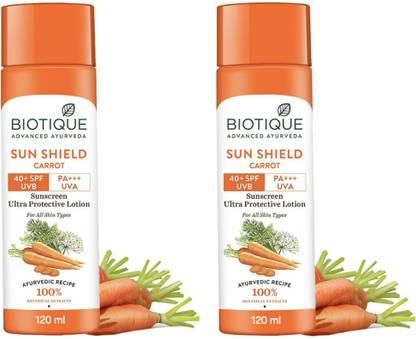 BIOTIQUE Sunscreen - SPF 50 PA+++ Sun Shield Carrot 40 +Spf Sunscreen Lotion 120ml ( Pack Of 2)