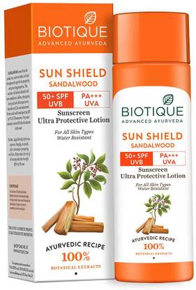 BIOTIQUE Sunscreen - SPF 50 PA+++ Sun Shield Sandalwood Lotion UVB/UVA |Ultra Protective Sunscreen|For men & Women