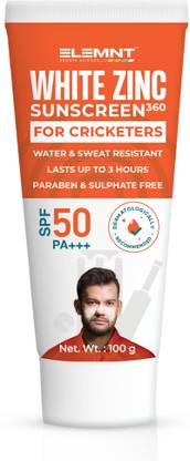 Elemnt Sports Science Sunscreen - SPF 50 PA+++ Zinc Sunblock 360 - White Zinc Oxide Sunscreen for Cricketers & Athletes, SPF 50