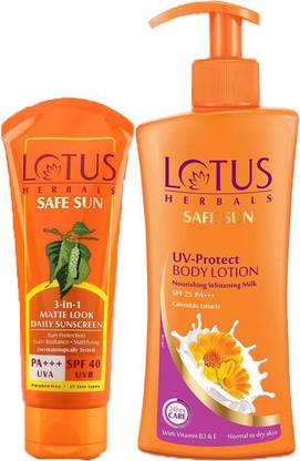 LOTUS HERBALS Sunscreen - SPF 50 Safesun 3 in 1 Matte Look Sunscreen SPF40_100G & UV Protect Body Lotion 250ml