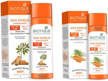 BIOTIQUE Sunscreen - SPF 50 PA+++ Sun Shield Sandalwood Sunscreen 190 ML & Carrot Sunscreen Lotion 120 ML
