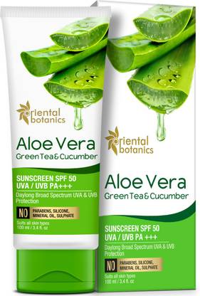 Oriental Botanics Sunscreen - SPF 50 PA+++ Aloe Vera, Green Tea & Cucumber Sunscreen with SPF 50 UVA/UVB PA+++ Protection