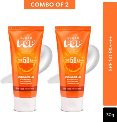 SUGAR POP Sunscreen - SPF 50 PA++++ with Vitamin C, Niacinamide, and Hyaluronic Acid 30G ( Pack of 2)