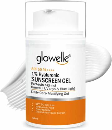 glowelle Sunscreen - SPF 50 PA++++ 1% Hyaluronic & Niacinamide Matte Gel Protects UV Rays Blue Light Hydrates Skin