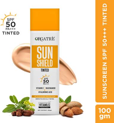 Orgatre Sunscreen - SPF 50 Tinted PA+++ Sun Shield | Vitamin C & Niacinamide | Broad Spectrum Protection, All Skin