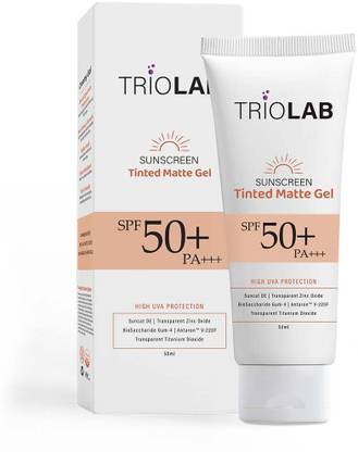 triolab Sunscreen - SPF 50+ PA+++ Tinted Matte Gel Sunscreen for Oily & Sensitive Skin | Ultra Lightweight