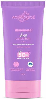 Aqualogica Sunscreen - SPF 50 PA++++ Illuminate+ Dewy Sunscreen with Wild Berries & Alpha Arbutin | Fragrance-Free