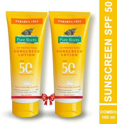 Pure Roots Sunscreen - SPF 50 PA+++ UV Protection Lotion For Men & Women Pack of 2