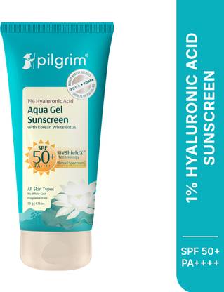 Pilgrim Sunscreen - SPF 50 PA+++ 1% Hyaluronic Acid Sunscreen Gel | UVA/UVB/Bluelight Protection | Broad Spectrum