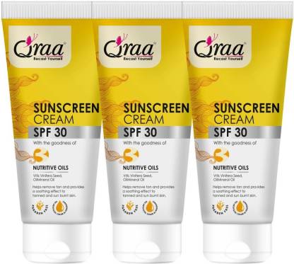 Qraa Sunscreen - SPF 30 , For Men & Women, Non-Greasy PA++++ Sunscreen Cream SPF 30|Helps Remove Tan|Helps in Sun Burn| Pack of 3