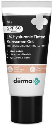 The Derma Co Sunscreen - SPF 60 PA++++ 1% Hyaluronic Tinted Sunscreen SPF 60 Gel, PA++++, No White Cast, Lightweight