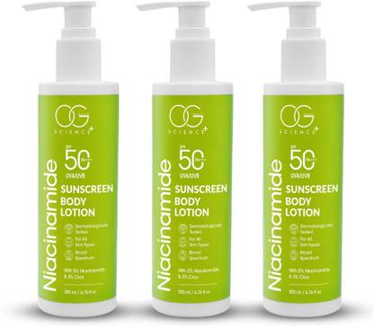 OG BEAUTY Sunscreen - SPF 50 PA+++ Sunscreen - SPF 50 PA+++ Body Lotion with Niacinamide & Cica Pack of 3 (600 ml)