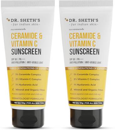 Dr. Sheth's Sunscreen - SPF 50 PA+++ Ceramide & Vitamin C Sunscreen | Non-greasy, hydrating sunscreen | Pack of 2
