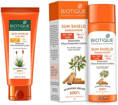 BIOTIQUE Sunscreen - SPF 50 PA+++ Sunscreen Lotion - Aloe Vera 50 ML & Sandalwood 190 ML