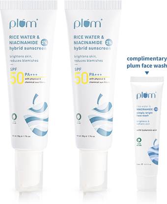 Plum Sunscreen - SPF 50 PA+++ 2% Niacinamide & Rice Water Sunscreen | No White Cast + Free Face Wash
