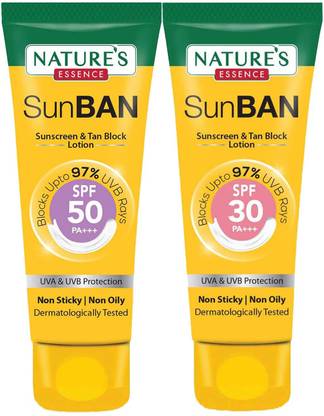 Nature's Essence Sunscreen - SPF 50 PA+++ Sun Ban Sunscreen & Tan Block Lotion SPF 50 + SPF 30 [60ML Pack Of 2 ] 120Ml