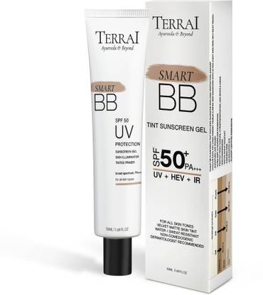 Terrai Sunscreen - SPF 50 PA+++ Smart BB Sunscreen Gel, Lightweight Tinted Primer, Matte Finish, Instant Glow