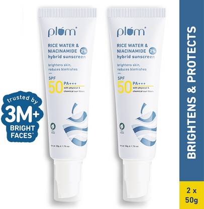 Plum Sunscreen - SPF 50 PA+++ 2% Niacinamide & Rice Water Sunscreen | Brightens, No White Cast | Dermat-Tested