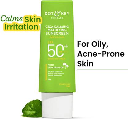 Dot & Key Sunscreen - SPF 50 PA+++ CICA Calming Mattifying ,For Oily Acne Prone &Sensitive Skin,No White Cast