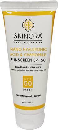 Skinora Sunscreen - SPF 50 PA+++ Nano Hyaluronic & Chamomile Sunscreen Cream for Protection from UVA & UVB Rays
